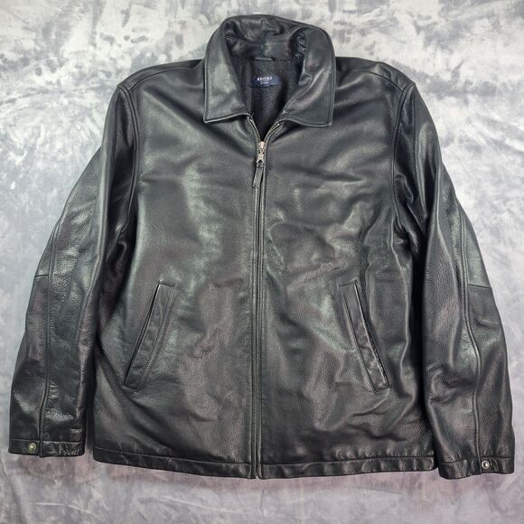 Brooks Brothers Leather Jacket Men L Black Wool Lined Collared Sport - Picture 1 of 6